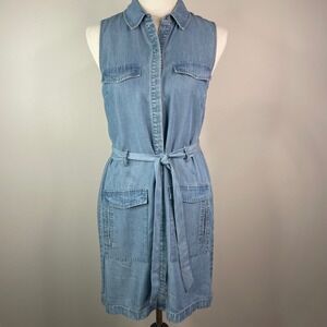 CeCe by Cynthia Steffe Blue Tencel Sleeveless Belted Utility Shirt Dress Size 4